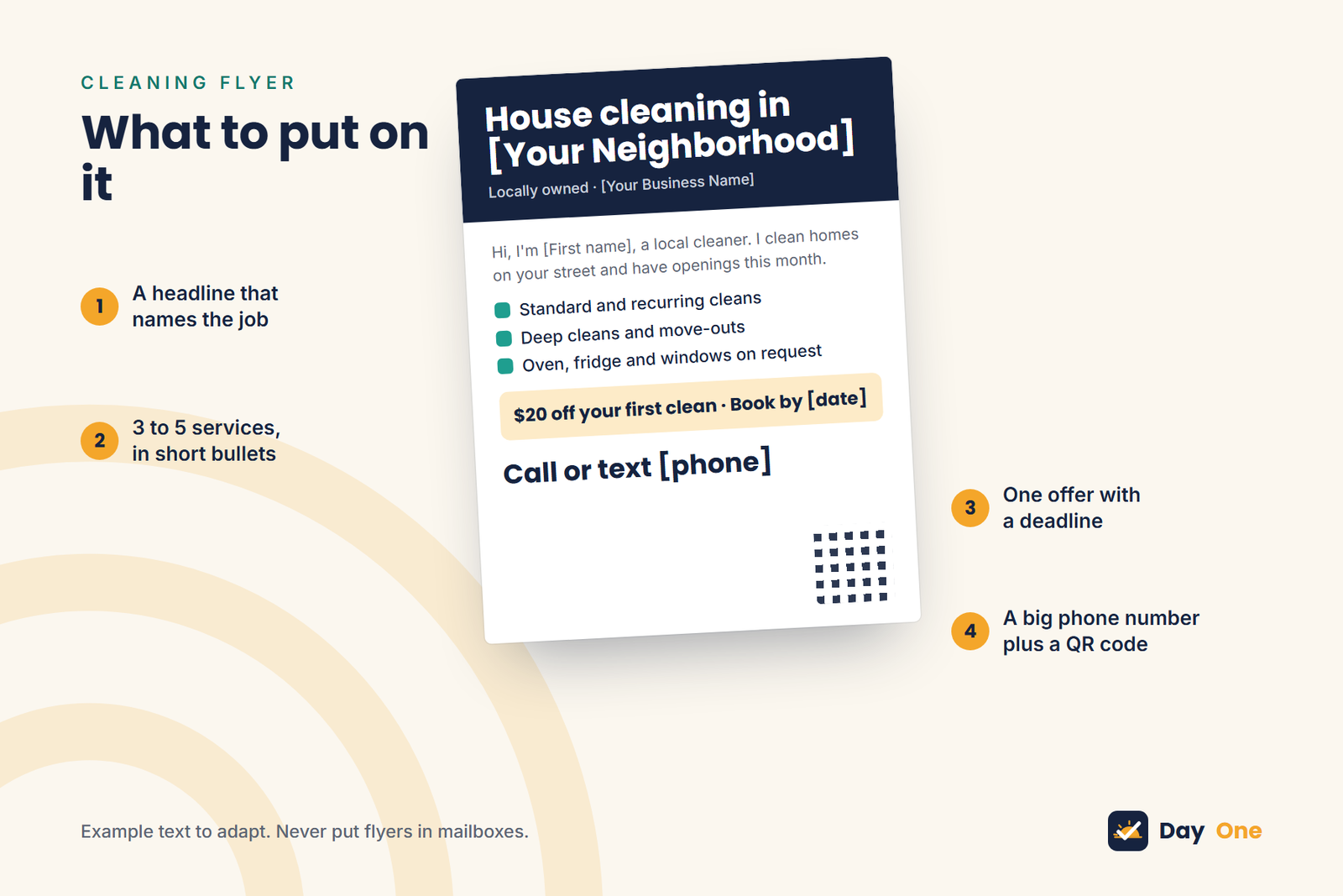 Example cleaning business flyer with headline, services, first-clean offer and phone number
