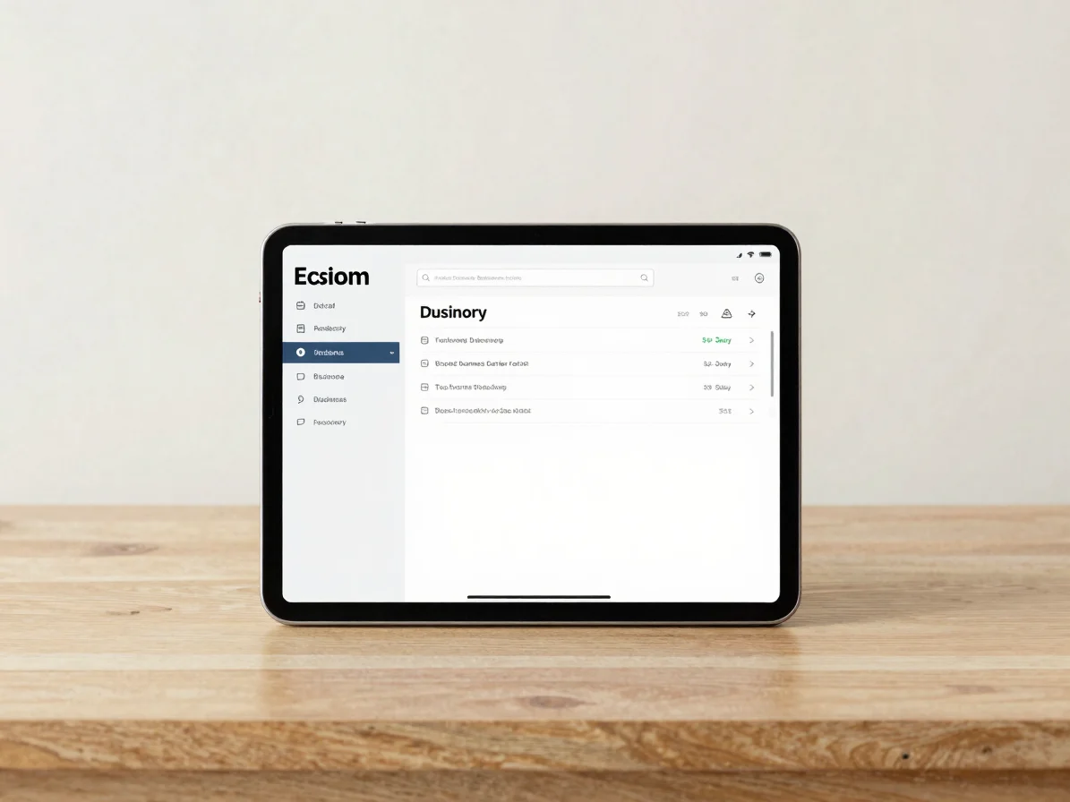 A digital tablet displaying a clean local business directory setup on a minimalist wooden desk
