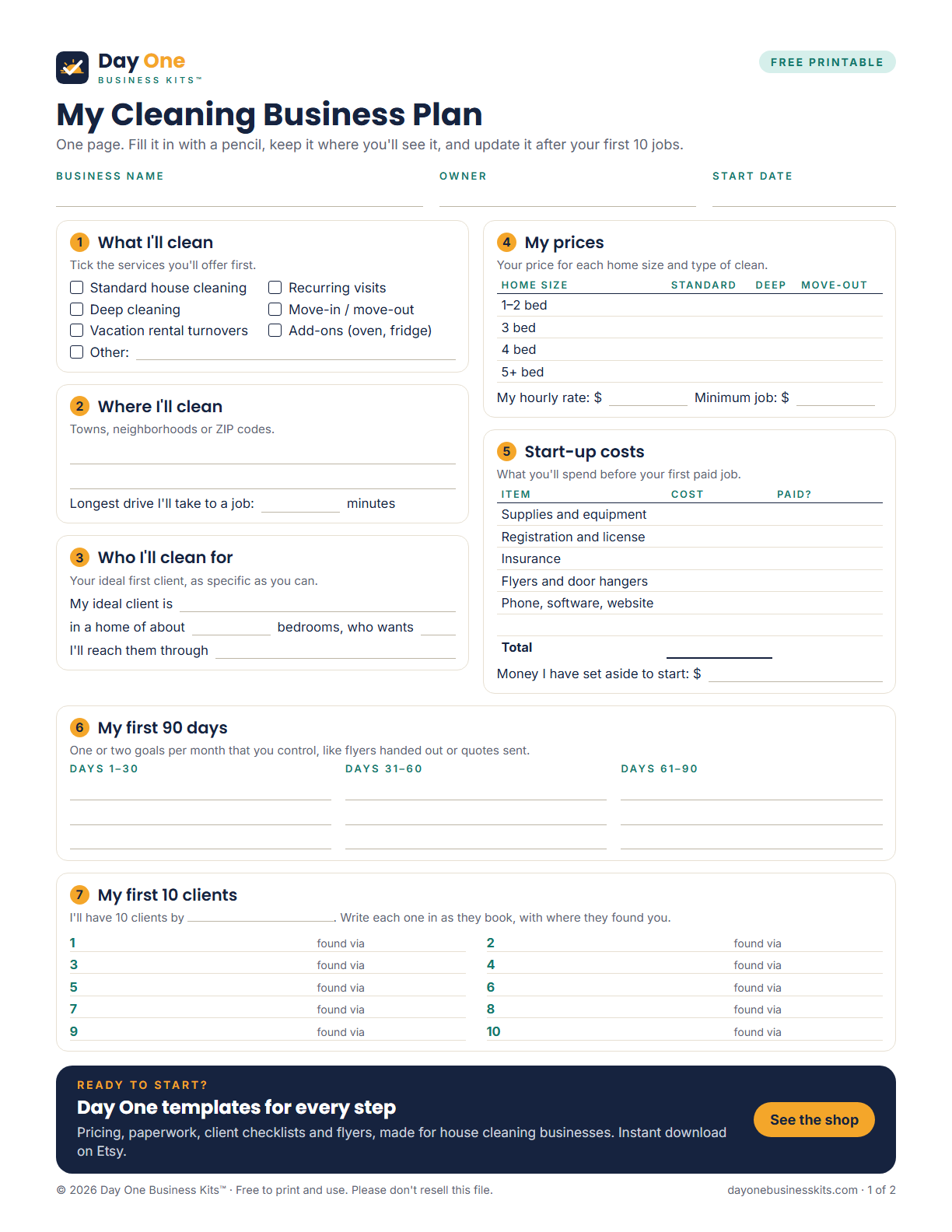 Free printable 1-page cleaning business plan template