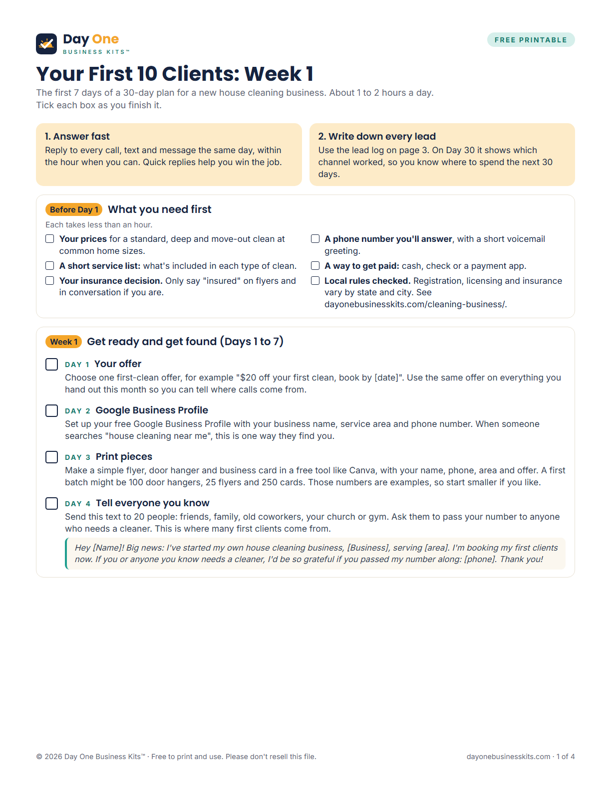 Free printable first 10 clients plan for a new house cleaning business