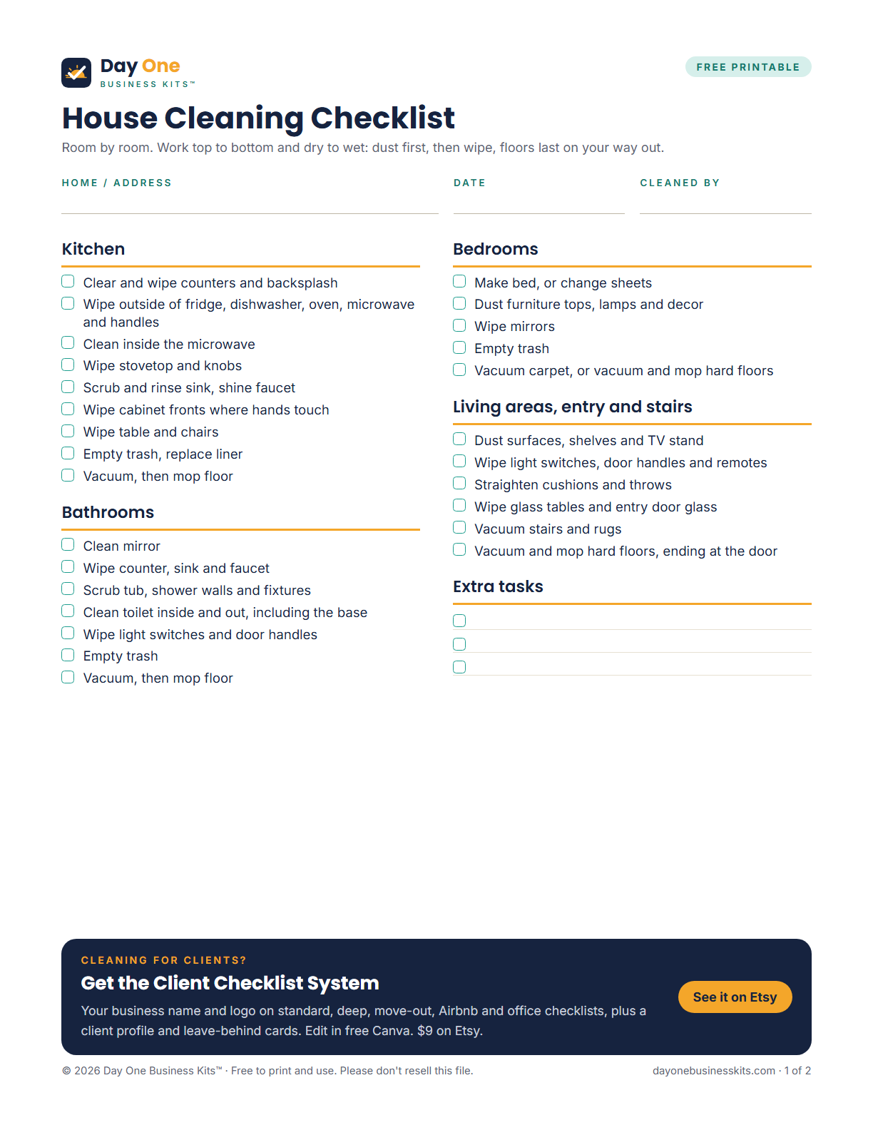 Free printable room-by-room house cleaning checklist