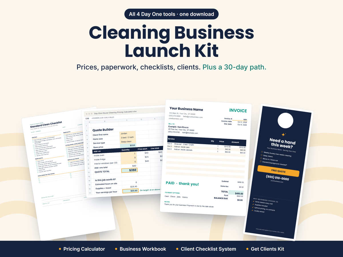 Cleaning Business Launch Kit: pricing calculator, invoice workbook, client checklists and flyers in one download