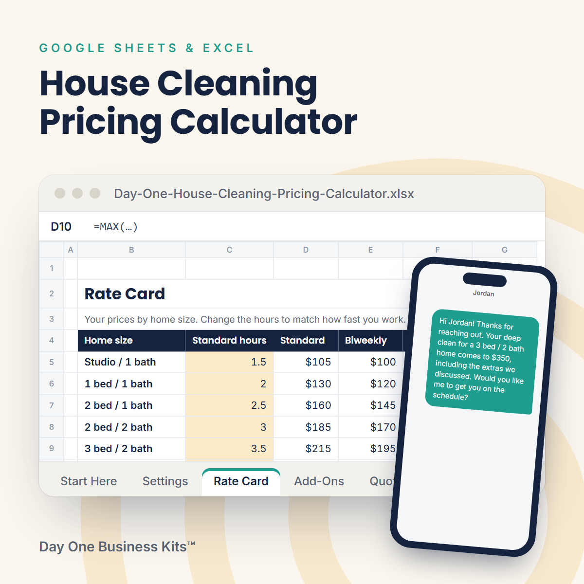 House Cleaning Pricing Calculator rate card in a spreadsheet, with a quote text on a phone