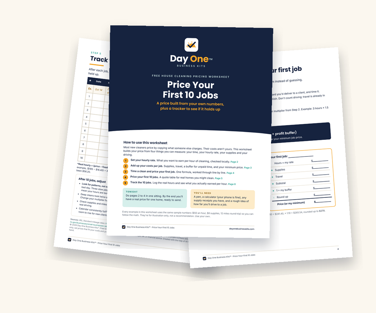 Pages of the free house cleaning pricing worksheet: the cover, the pricing formula worked through and the 10-job tracker